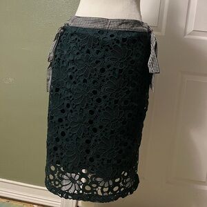 Anthropologie English Factory Dark Green Lace Pencil Skirt with Gingham Trim